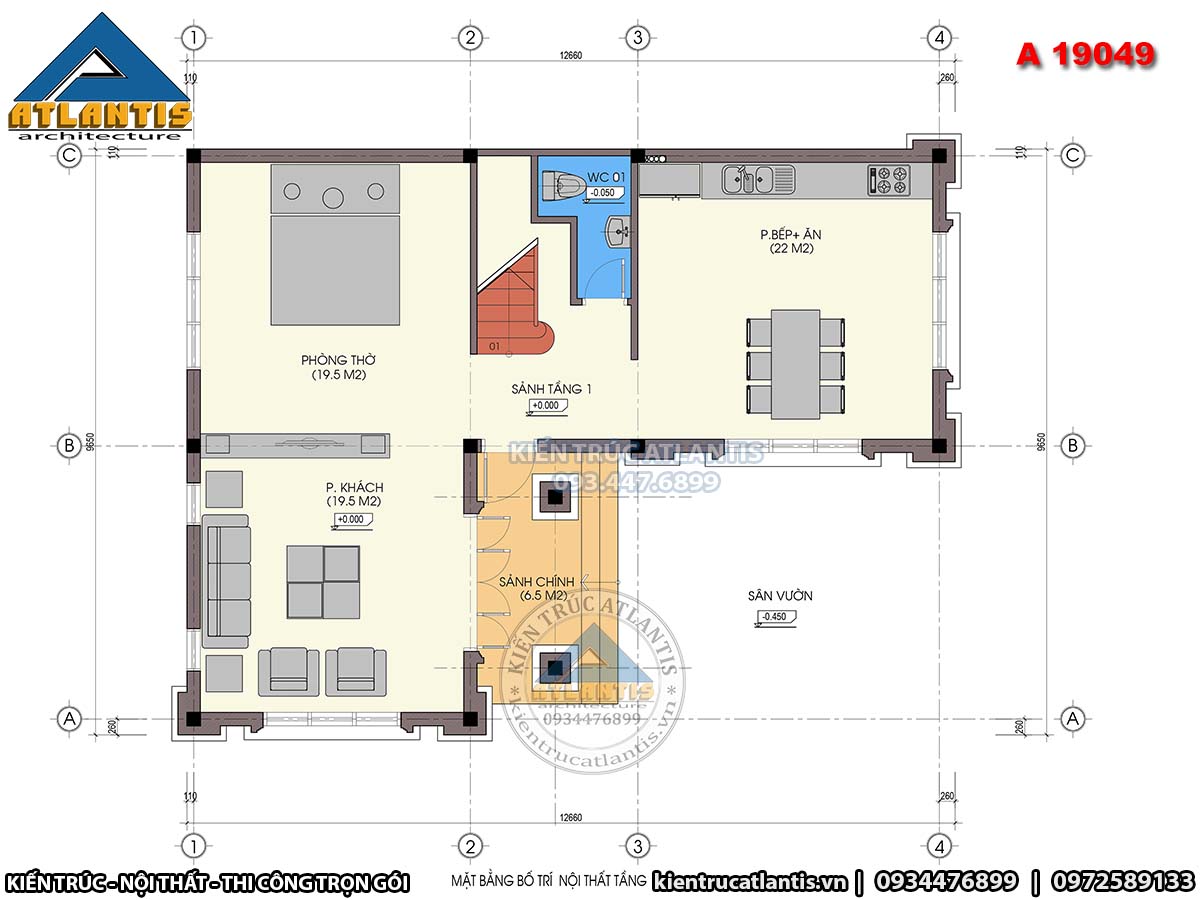 mặt bằng biệt thự chữ L tân cổ điển