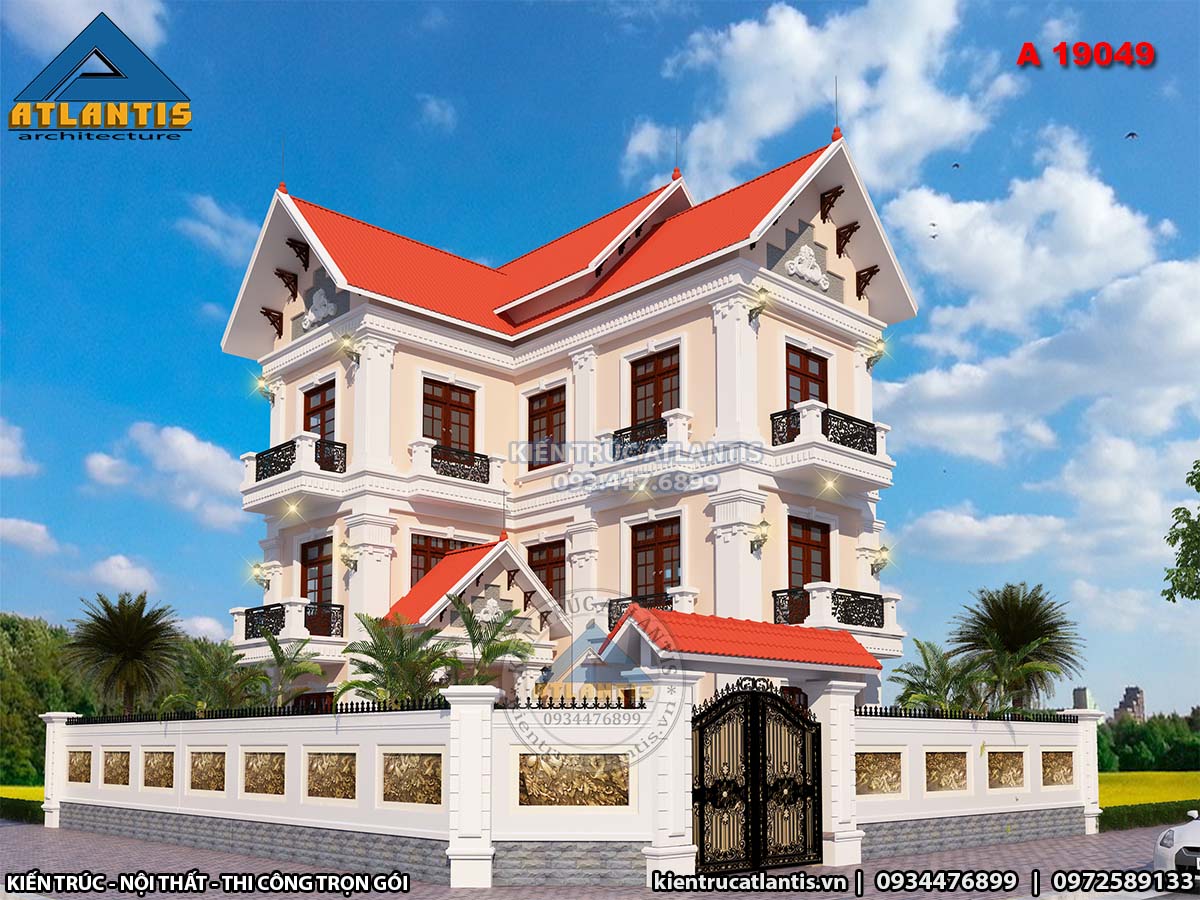 mẫu thiết kế biệt thự tân cổ điển chữ L 3 tầng