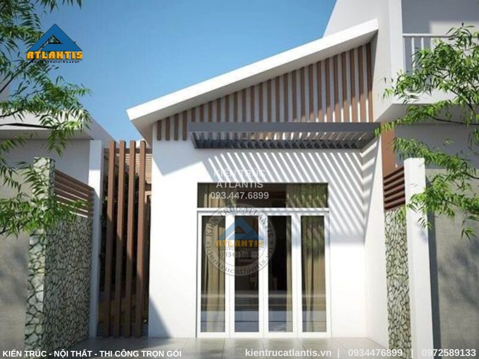 Nhà ống 1 tầng ở nông thôn với mái chéo khác biệt