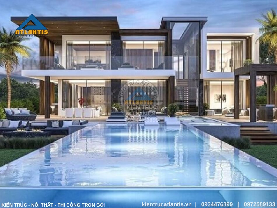 biệt thự hiện đại Khu vực sân vườn và hồ bơi thoáng mát