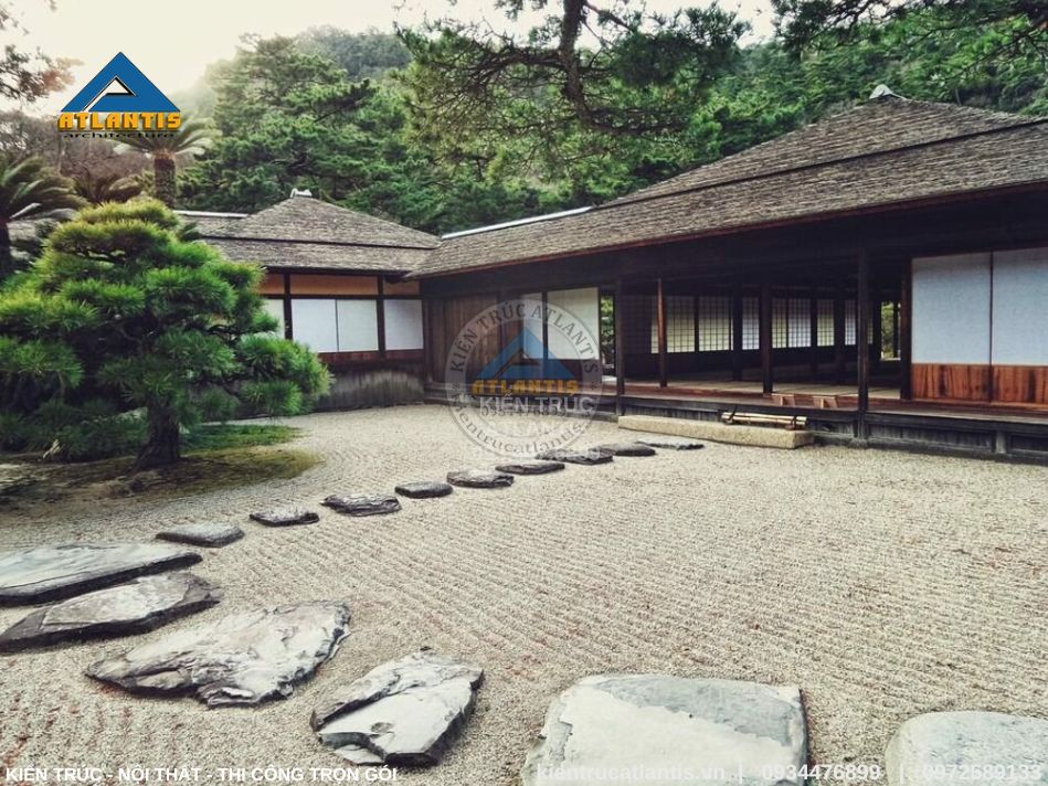 Vườn Karesansui với đá, cát, sỏi làm thành lối đi